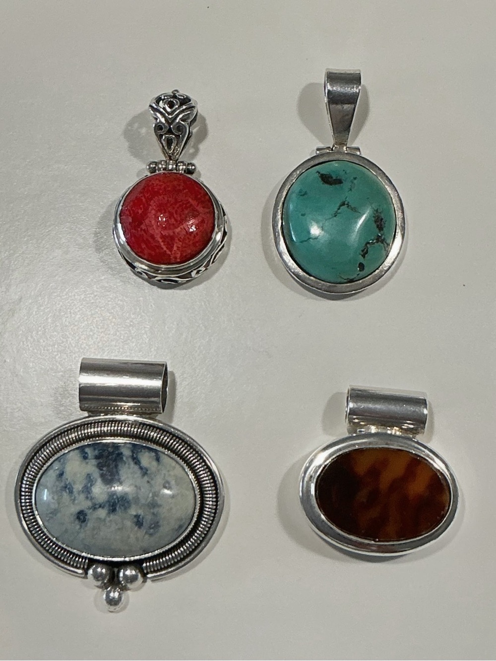 Vintage Sterling Silver Gemstone Pendants, Lot Set of 4